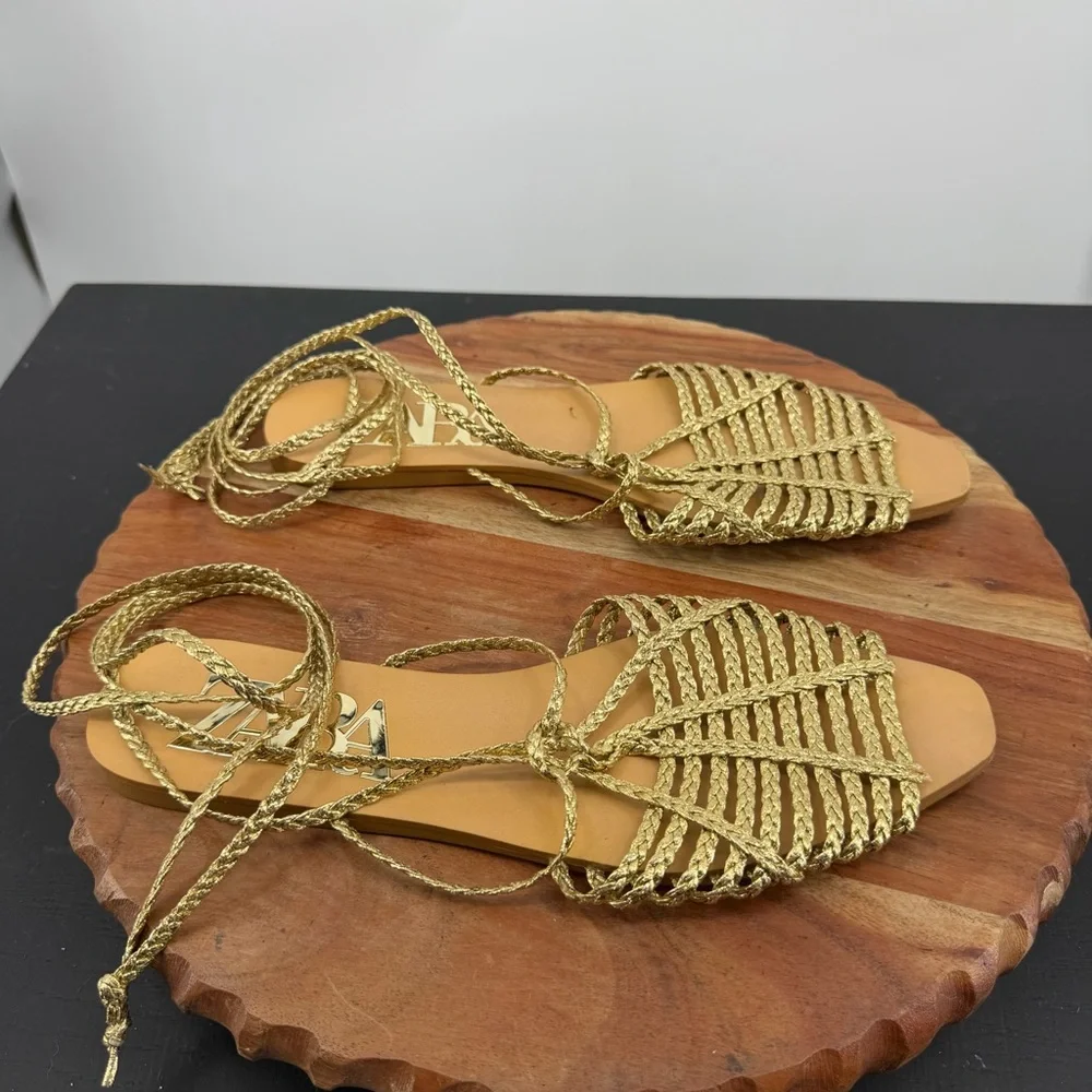 Zara Gold Gladiator Sandals braided straps sz 40 US 9.5 ankle tie - Picture 2 of 6